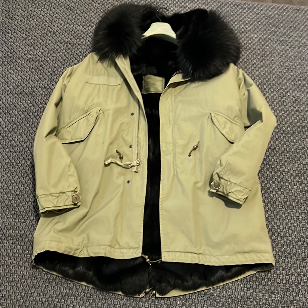 Mr & Mrs Italy Stylish Tan Parka with Black Fur full lining and hood